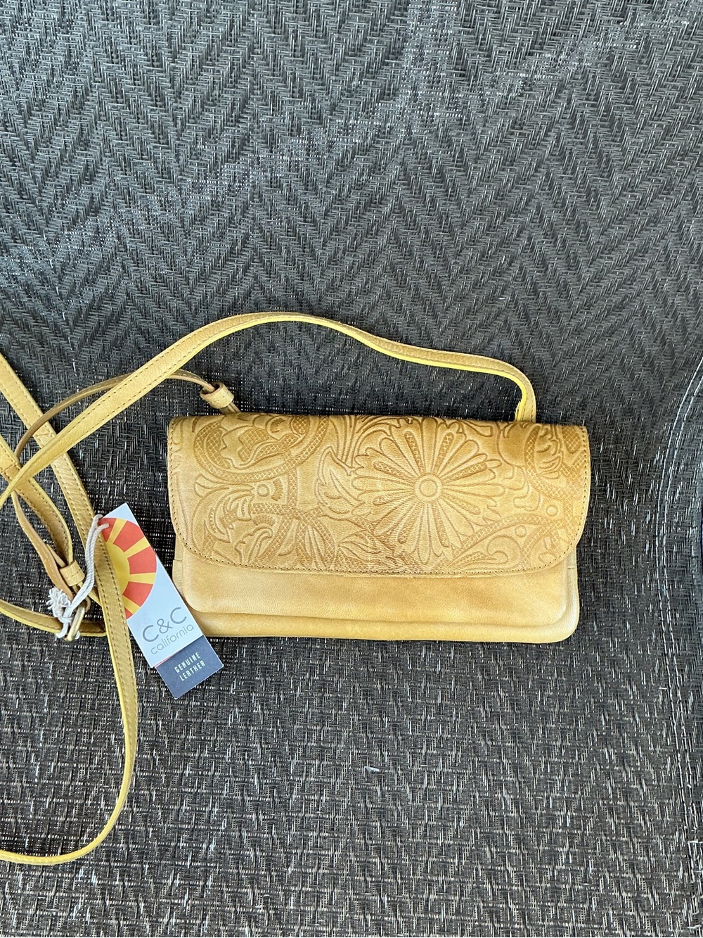 C&C California Embossed Floral Mustard Leather Crossbody Bag